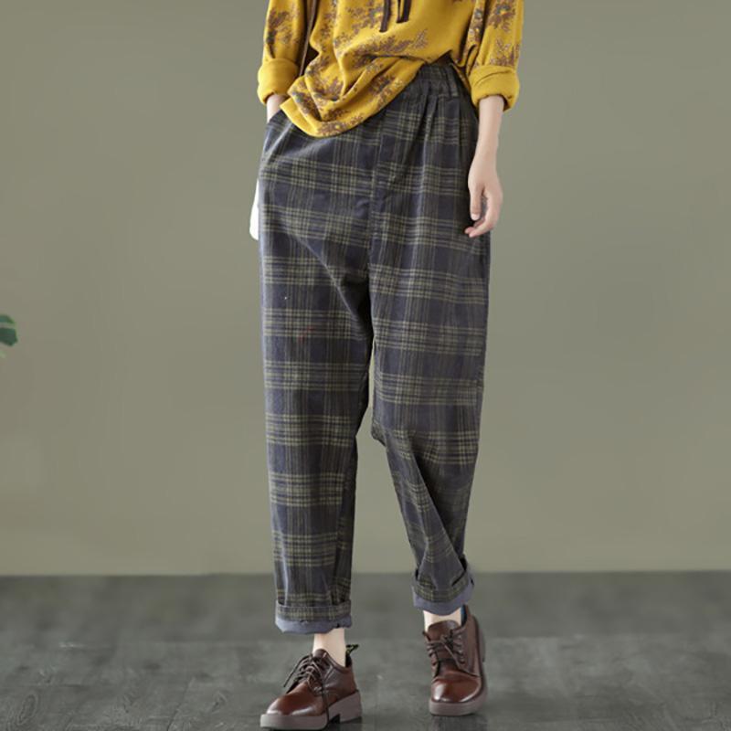 Spring Plaid Corduroy Pants Elastic Waist - Omychic