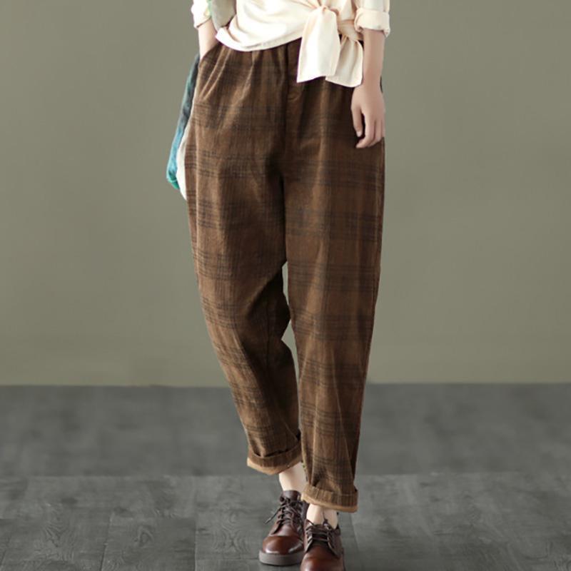 Spring Plaid Corduroy Pants Elastic Waist - Omychic