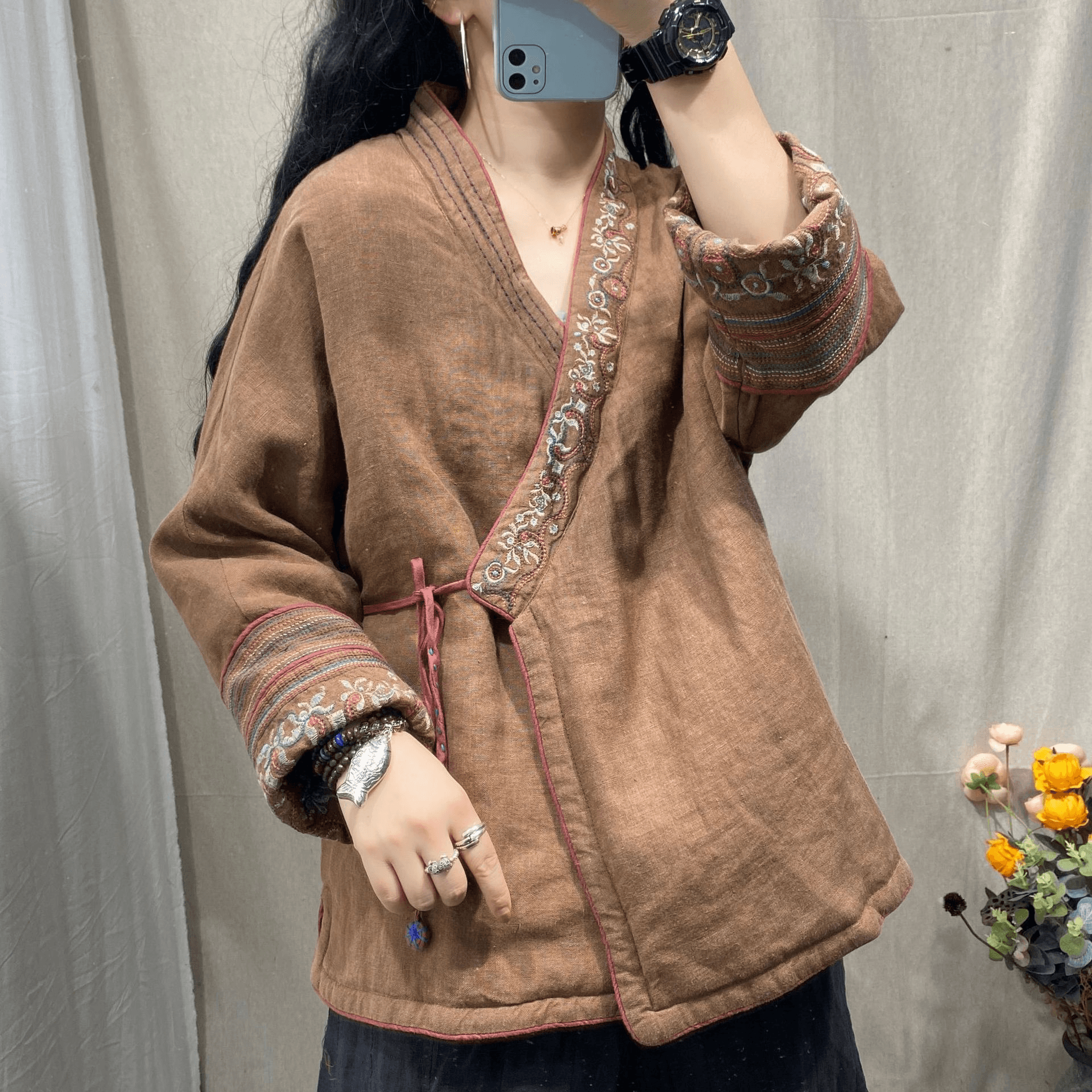 Autumn Winter V Neck Padded Coat Parkas Ladies Vintage Embroidered Loose Padded Outerwear - Omychic