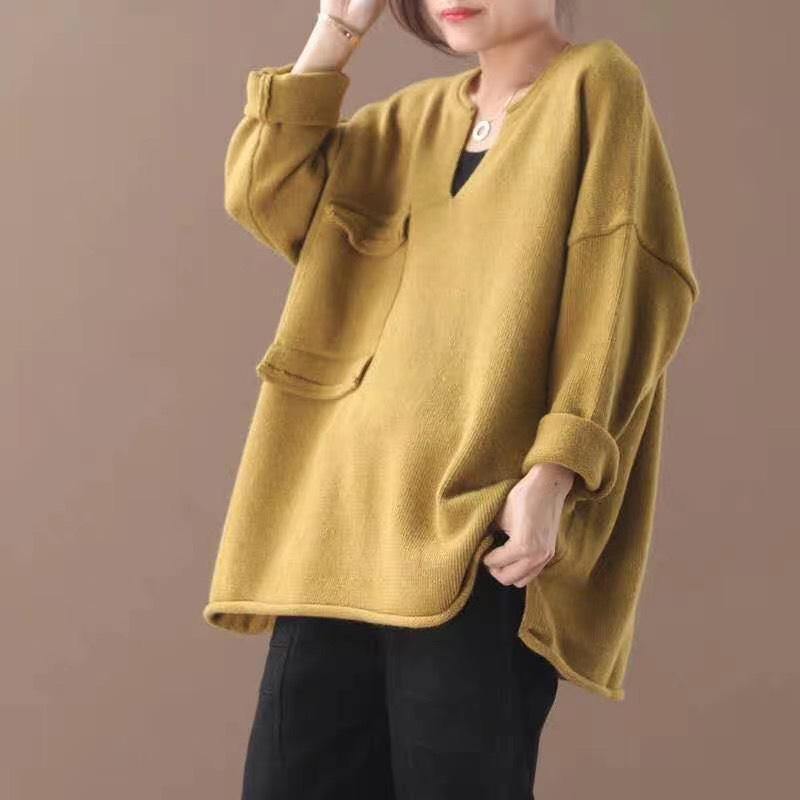 Spring Big Pocket V-neck Sweater Top Women - Omychic