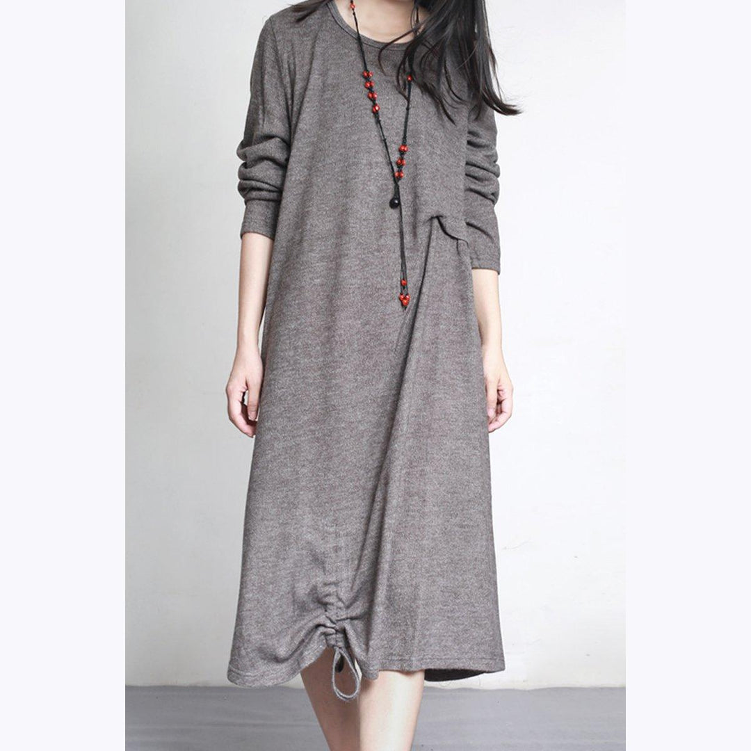 Autumn light gray unique cotton woolen dresses oversize casual elegant caftans - Omychic