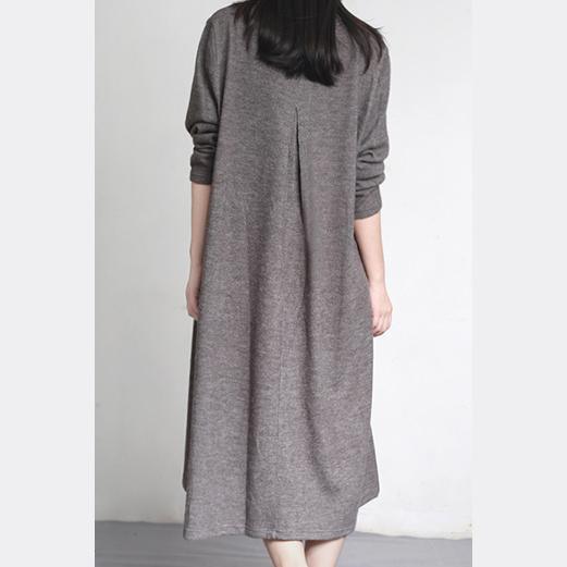 Autumn light gray unique cotton woolen dresses oversize casual elegant caftans - Omychic