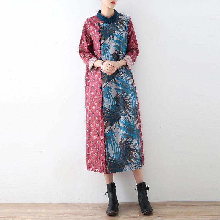 Autumn original design red patchwork linen dresses plus size casua asymmetric prints maxi dress - Omychic