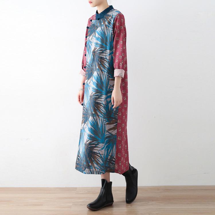 Autumn original design red patchwork linen dresses plus size casua asymmetric prints maxi dress - Omychic