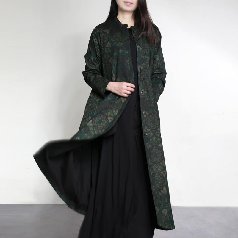 Autumn winter 2017 green prints cotton outwear draping elegant casual long trench coats - Omychic