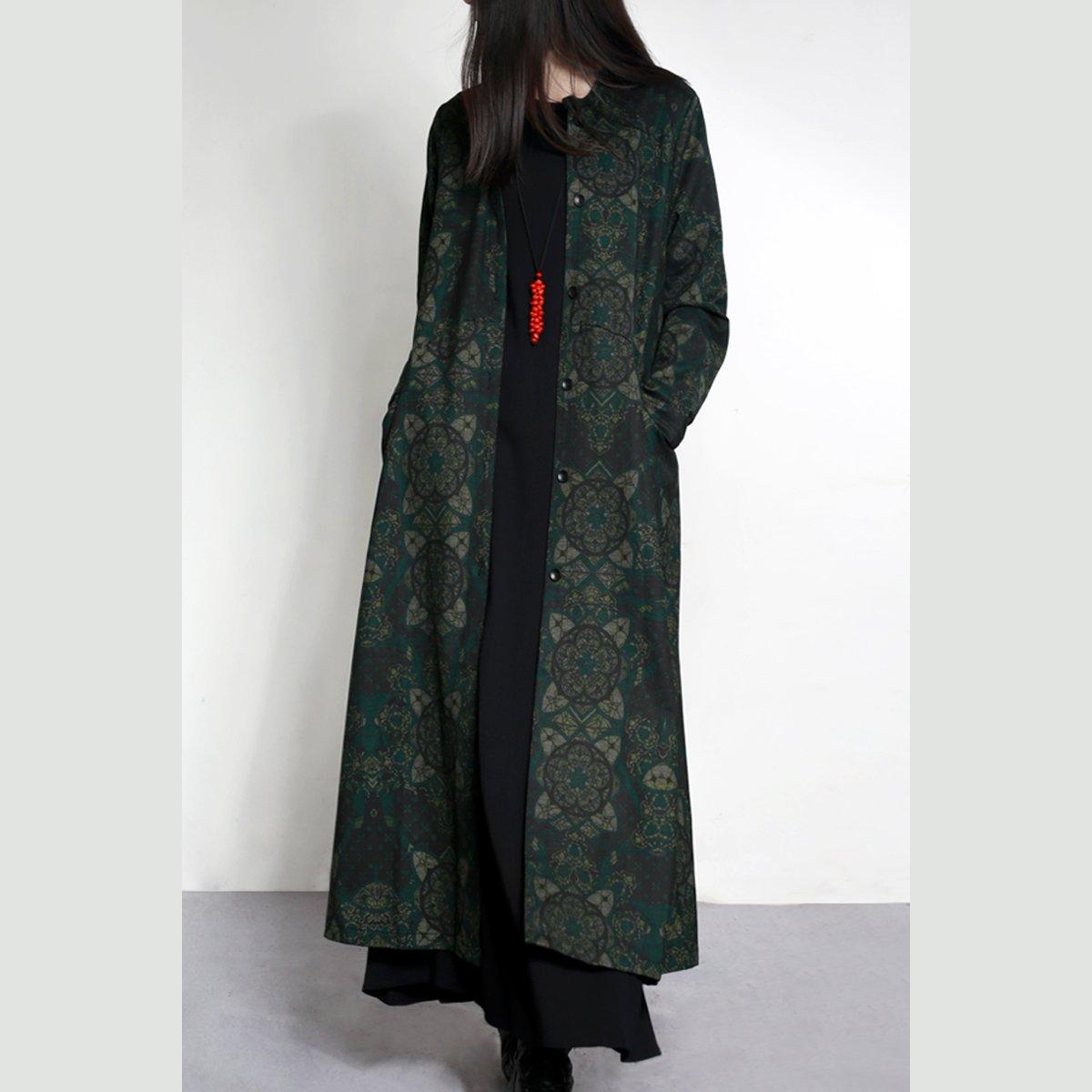 Autumn winter 2017 green prints cotton outwear draping elegant casual long trench coats - Omychic