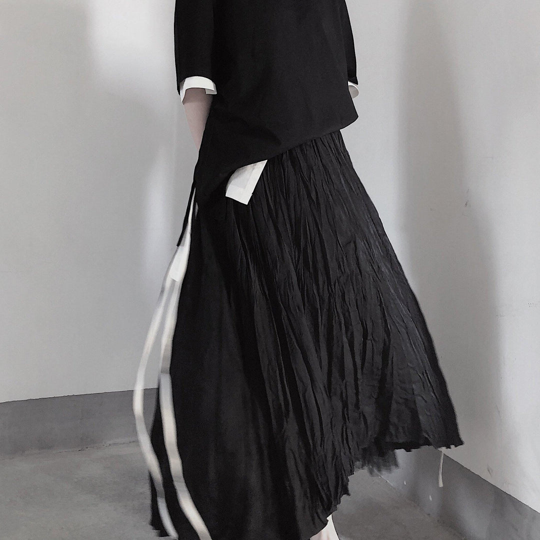 BLACK PLEATED Double Layer Design With Elastic Waist Skirt On Both Sides - Omychic