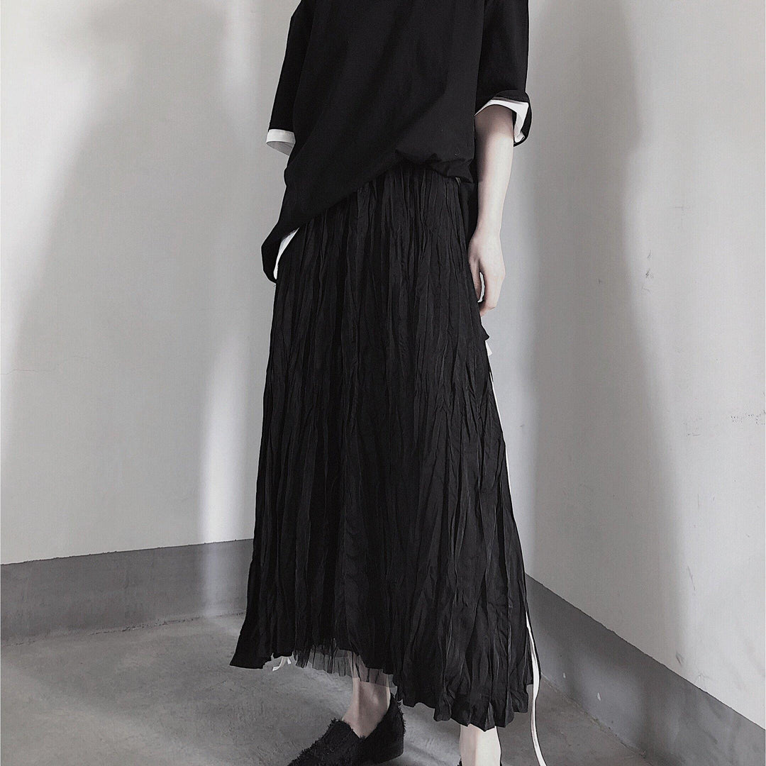 BLACK PLEATED Double Layer Design With Elastic Waist Skirt On Both Sides - Omychic
