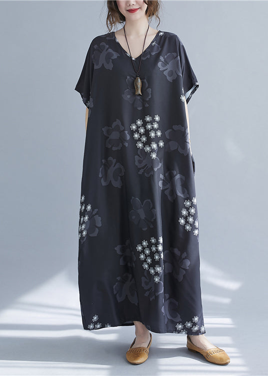 Baggy Black V Neck Snowflake Print Chiffon Long Dresses Short Sleeve