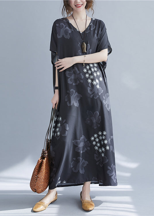 Baggy Black V Neck Snowflake Print Chiffon Long Dresses Short Sleeve