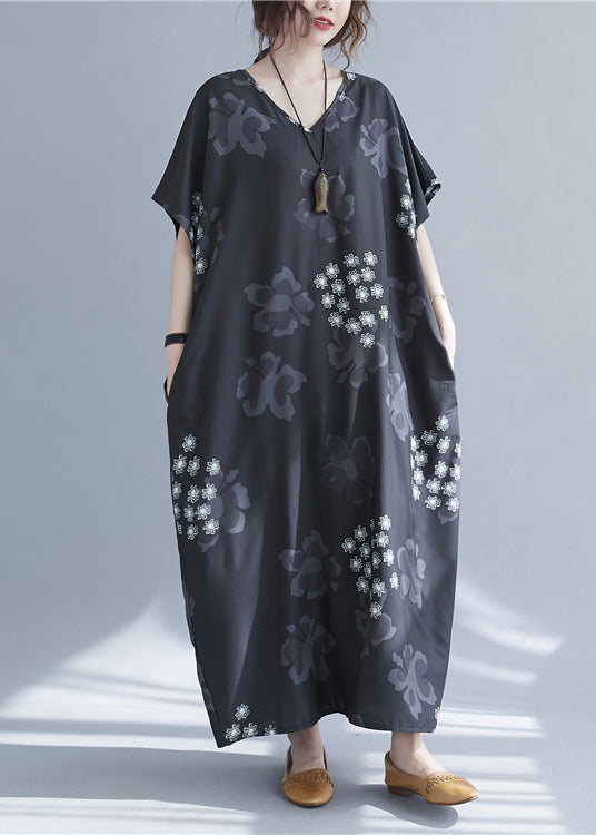 Baggy Black V Neck Snowflake Print Chiffon Long Dresses Short Sleeve