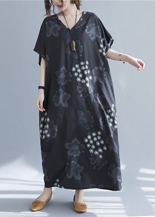 Baggy Black V Neck Snowflake Print Chiffon Long Dresses Short Sleeve