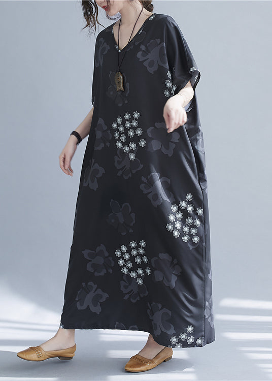 Baggy Black V Neck Snowflake Print Chiffon Long Dresses Short Sleeve