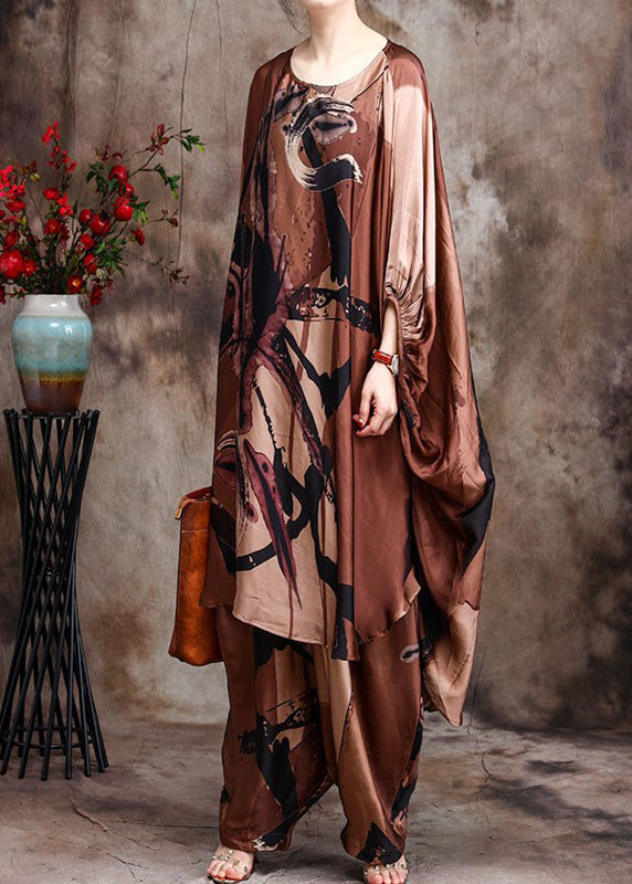 Baggy Coffee Print Silk Dress And Wide Leg Pants Two Piece Suit Set Batwing Sleeve