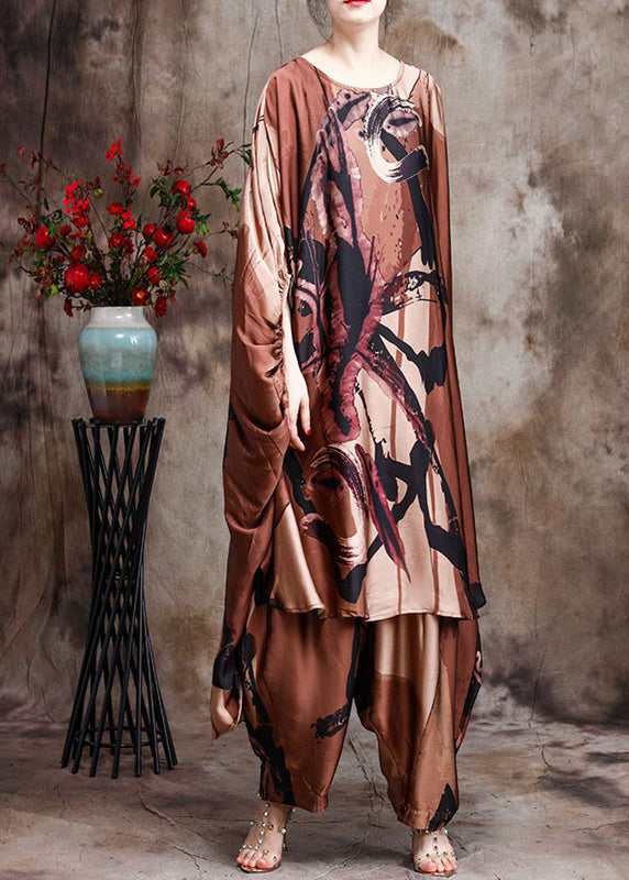 Baggy Coffee Print Silk Dress And Wide Leg Pants Two Piece Suit Set Batwing Sleeve