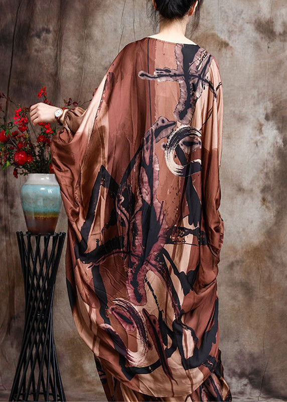 Baggy Coffee Print Silk Dress And Wide Leg Pants Two Piece Suit Set Batwing Sleeve