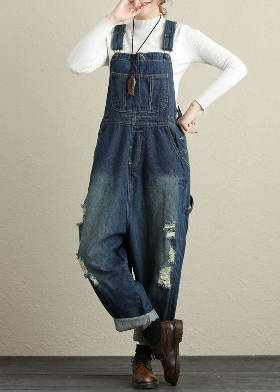 Navy Pockets Patchwork Denim Jumpsuits Spring