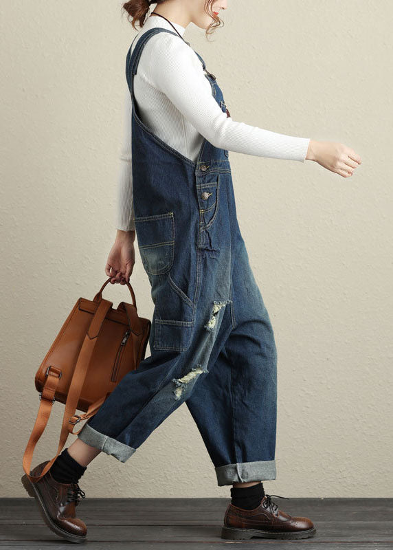 Navy Pockets Patchwork Denim Jumpsuits Spring