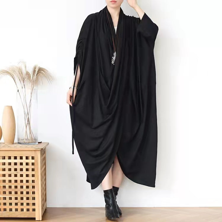 Baggy Black Long Linen Dresses Loose Fitting Asymmetric Hem Cotton Gown Vintage Linen Cotton Dress