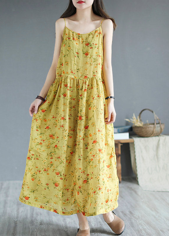 Beach Yellow Slash Neck Print Cinched Linen Spaghetti Strap Sundress Summer