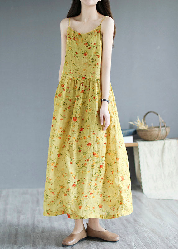 Beach Yellow Slash Neck Print Cinched Linen Spaghetti Strap Sundress Summer