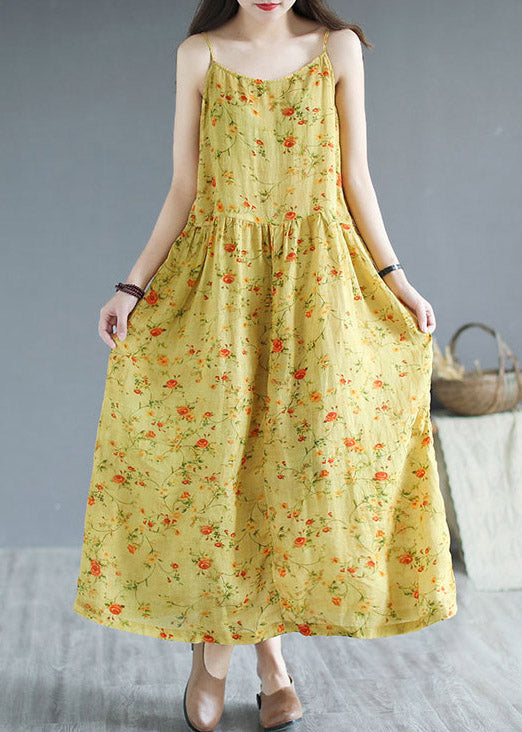 Beach Yellow Slash Neck Print Cinched Linen Spaghetti Strap Sundress Summer