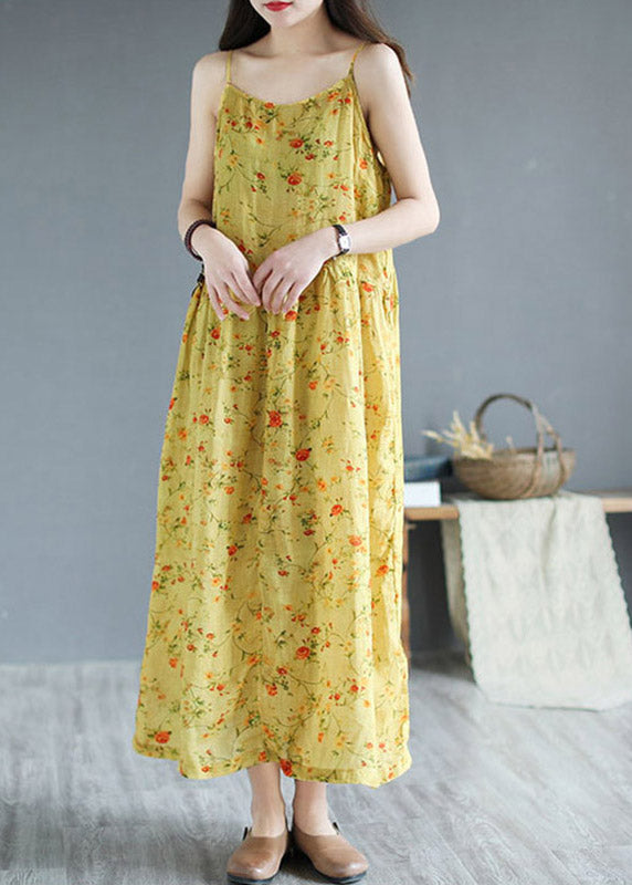 Beach Yellow Slash Neck Print Cinched Linen Spaghetti Strap Sundress Summer