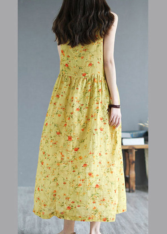 Beach Yellow Slash Neck Print Cinched Linen Spaghetti Strap Sundress Summer