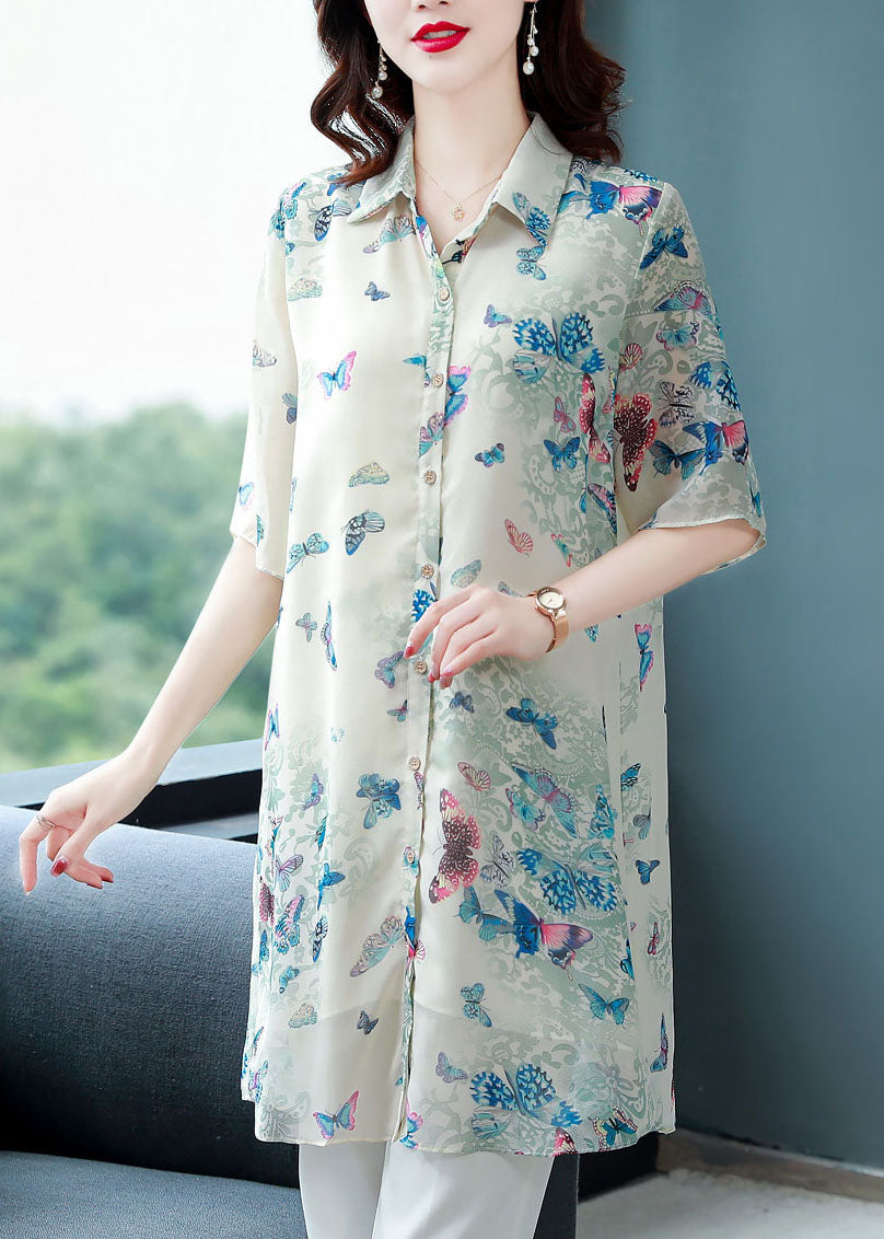 Beautiful Apricot Peter Pan Collar Butterfly Print Chiffon Shirts Top Summer