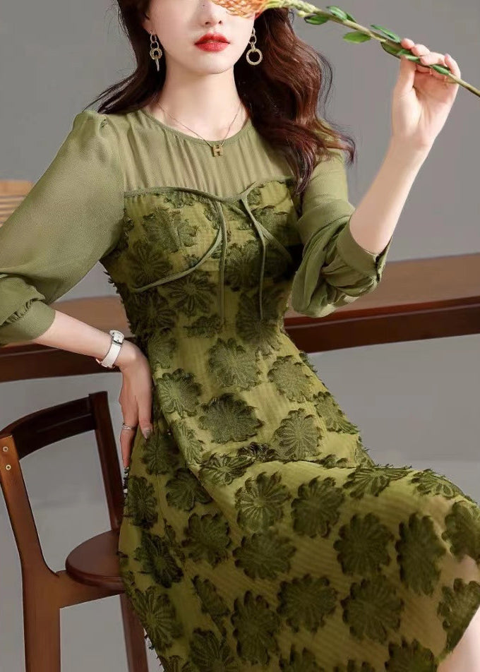 Beautiful Army Green O Neck High Waist Patchwork Chiffon Dresses Fall