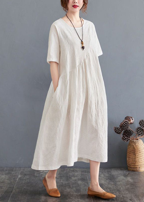 Beautiful Beige Asymmetrical Patchwork Wrinkled Cotton Vacation Dresses Summer