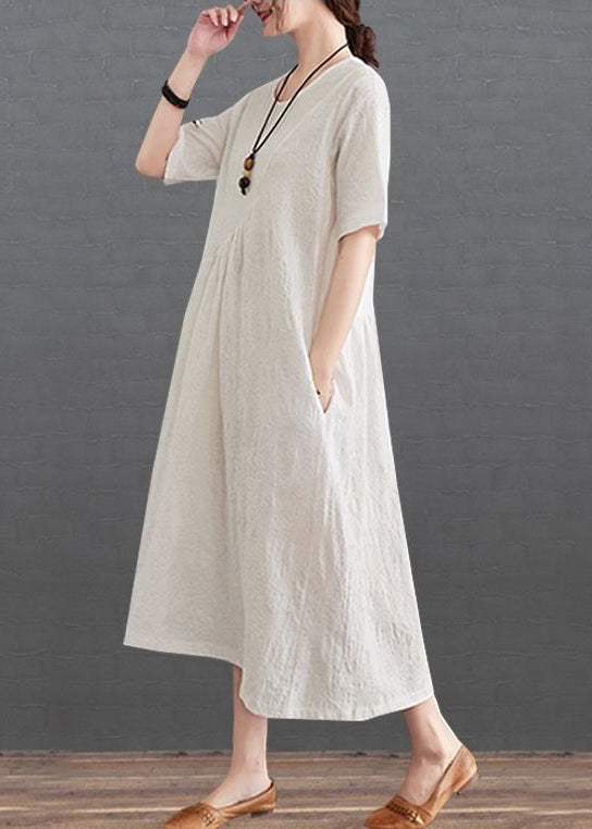 Beautiful Beige Asymmetrical Patchwork Wrinkled Cotton Vacation Dresses Summer
