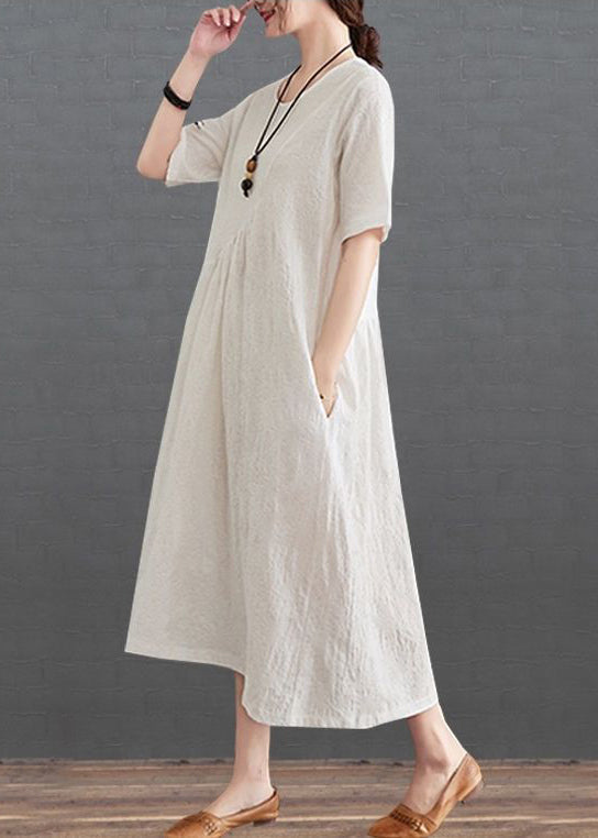Beautiful Beige Asymmetrical Patchwork Wrinkled Cotton Vacation Dresses Summer
