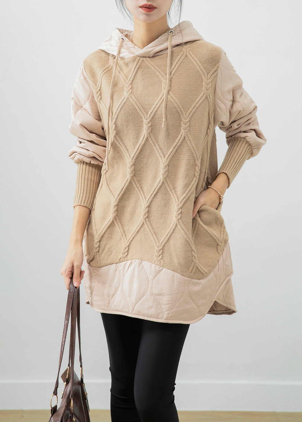 Beautiful Beige Hooded Patchwork Fine Cotton Filled Sweatshirt Dress Winter