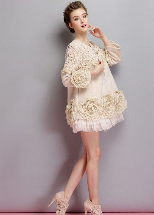 Beautiful Beige O-Neck Tulle Patchwork Applique Mink Velvet Coats Spring