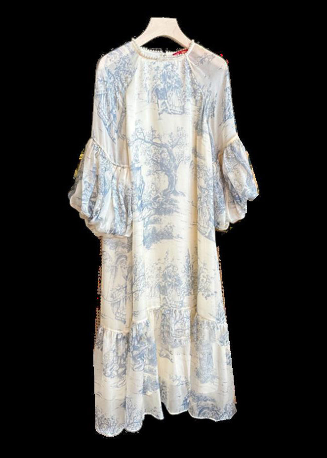 Beautiful Beige Pearl Print Patchwork Dress Puff Sleeve