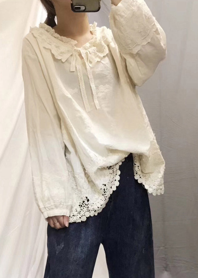Beautiful Beige Peter Pan Collar Embroidered Floral Neck Tie Hollow Patchwork Out Cotton Shirt Long Sleeve