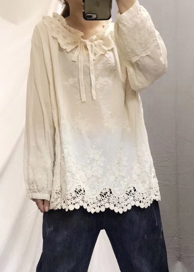 Beautiful Beige Peter Pan Collar Embroidered Floral Neck Tie Hollow Patchwork Out Cotton Shirt Long Sleeve