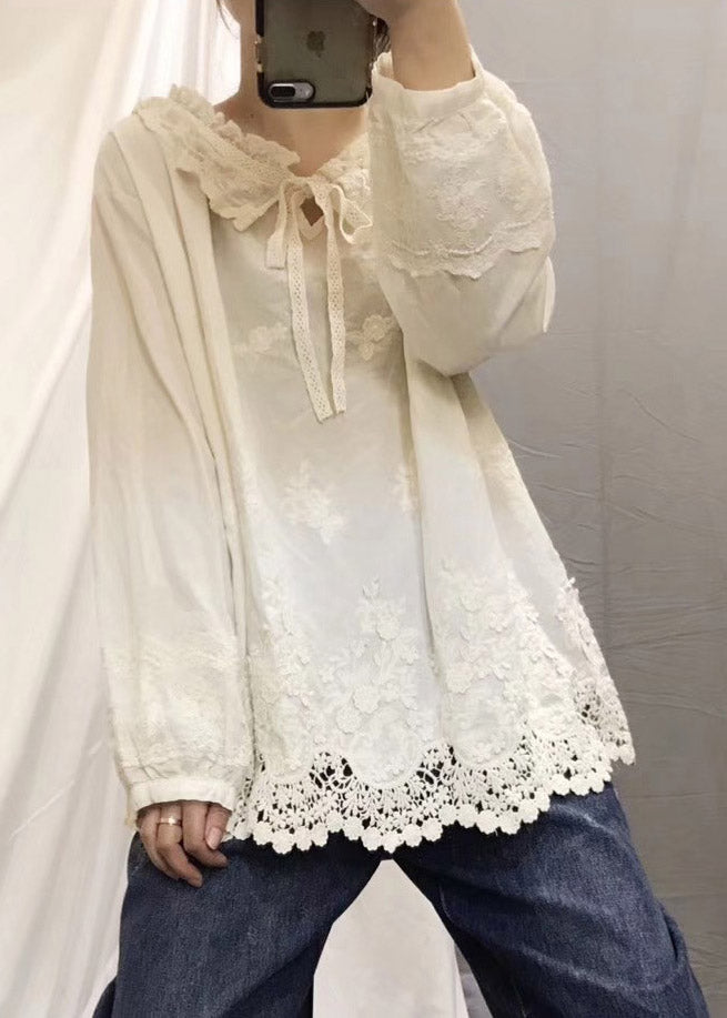 Beautiful Beige Peter Pan Collar Embroideried Floral Neck Tie Hollow Patchwork Out Cotton Shirt Long Sleeve