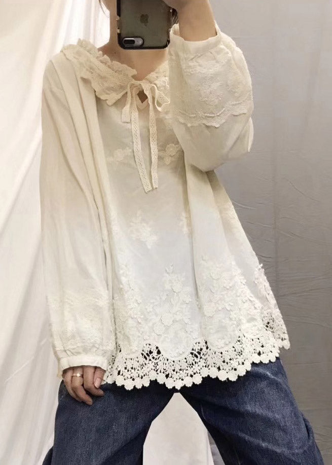 Beautiful Beige Peter Pan Collar Embroidered Floral Neck Tie Hollow Patchwork Out Cotton Shirt Long Sleeve