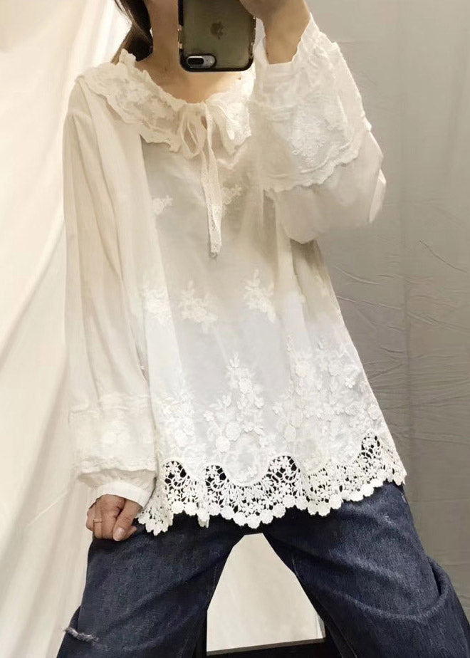 Beautiful Beige Peter Pan Collar Embroideried Floral Neck Tie Hollow Patchwork Out Cotton Shirt Long Sleeve