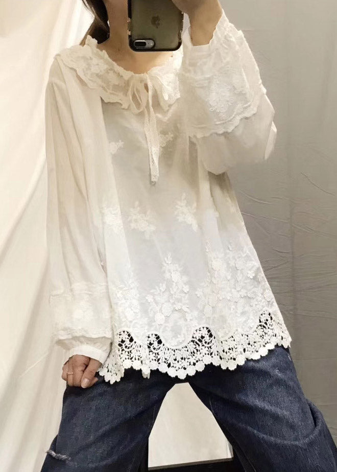 Beautiful Beige Peter Pan Collar Embroidered Floral Neck Tie Hollow Patchwork Out Cotton Shirt Long Sleeve