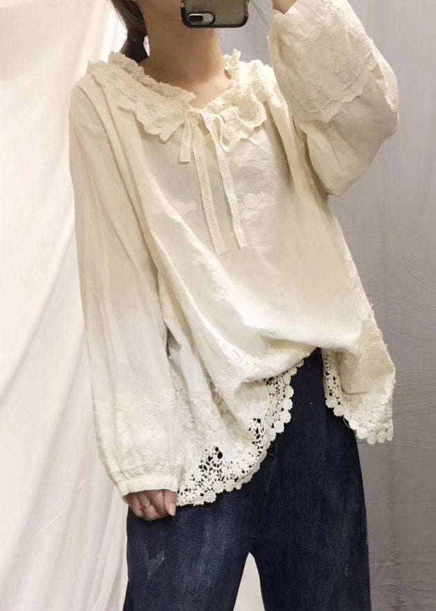 Beautiful Beige Peter Pan Collar Embroidered Floral Neck Tie Hollow Patchwork Out Cotton Shirt Long Sleeve