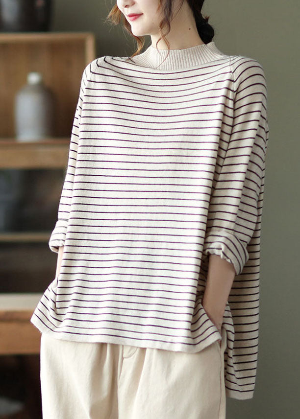 Beautiful Beige Striped Loose Knit Shirt Spring