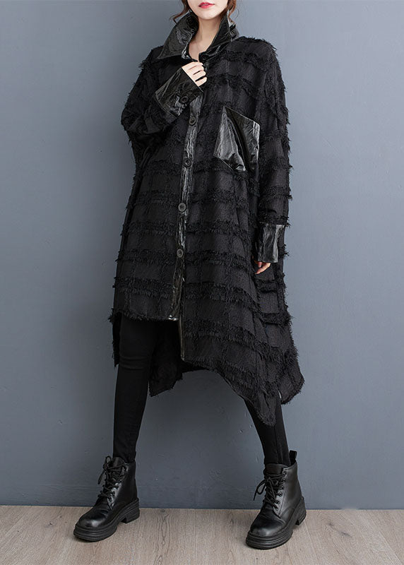 Stylish Black Asymmetrical Oversized Print Drawstring Trench Coats Fall