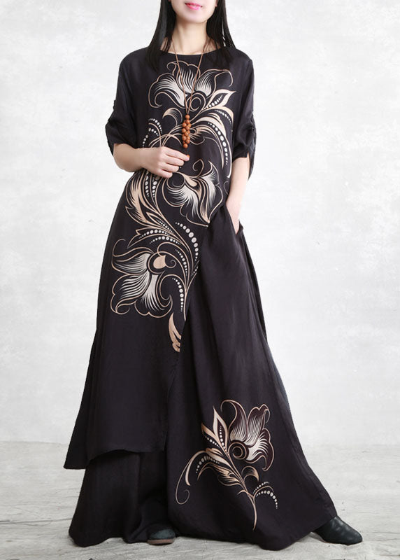 Beautiful Black Asymmetrical Pockets Print Tops And Wide Leg Pants Two Pieces Set Spring