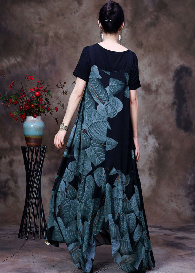 Beautiful Black Asymmetrical Print Chiffon Strap Dress And Tanks Two Pieces Set Summer