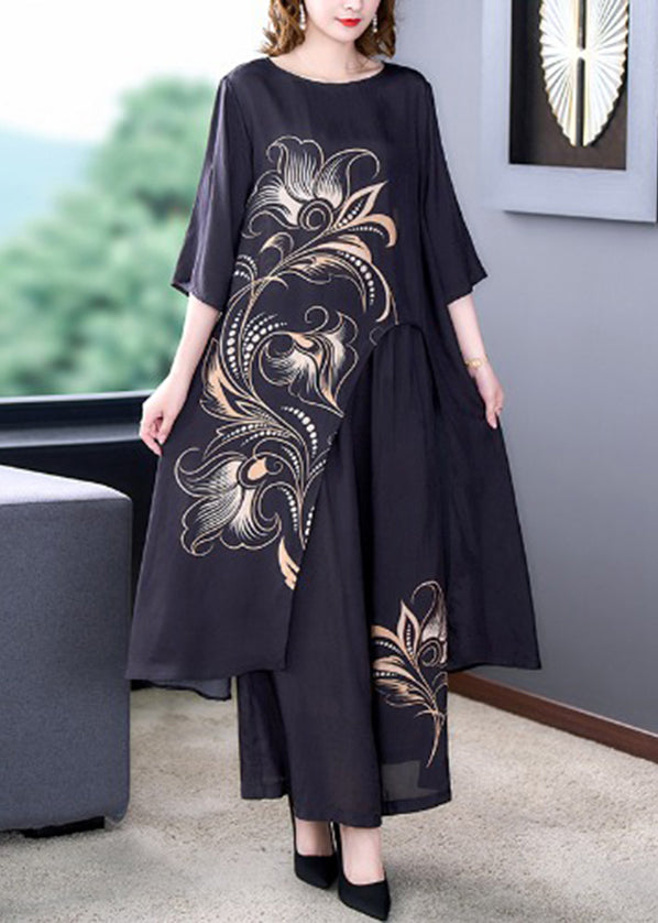 Beautiful Black Asymmetrical Print Chiffon Top And Wide Leg Pants Two-Piece Set Summer