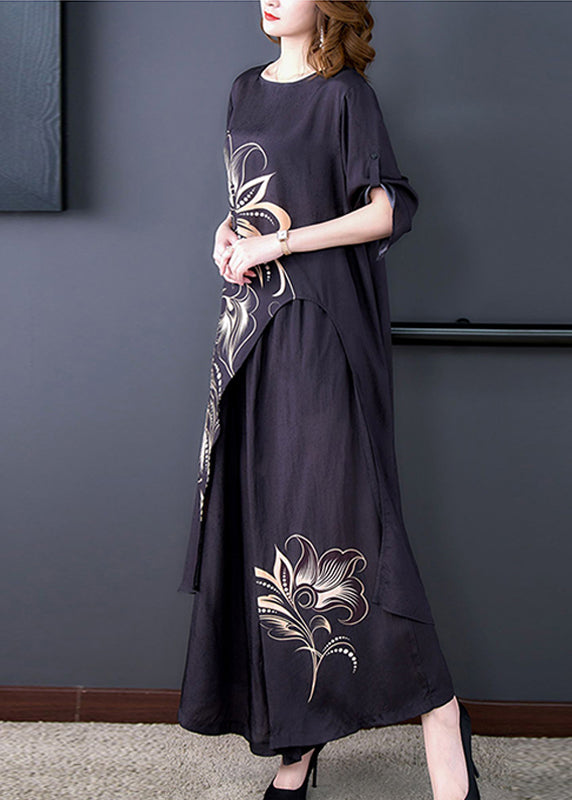 Beautiful Black Asymmetrical Print Chiffon Top And Wide Leg Pants Two-Piece Set Summer