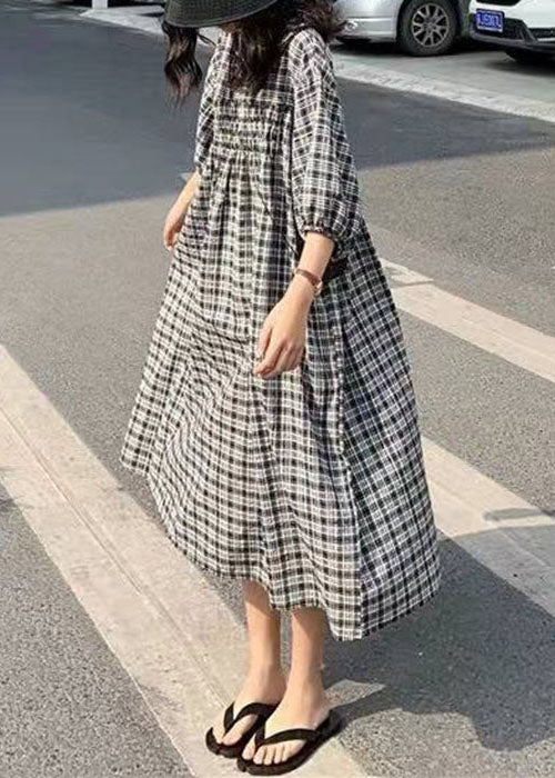 Beautiful Black Cinched Plaid Cotton Maxi Dresses Half Sleeve